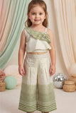 Girls Cream and Green One-Shoulder Co-Ord Set with Striped Wide-Leg Pants