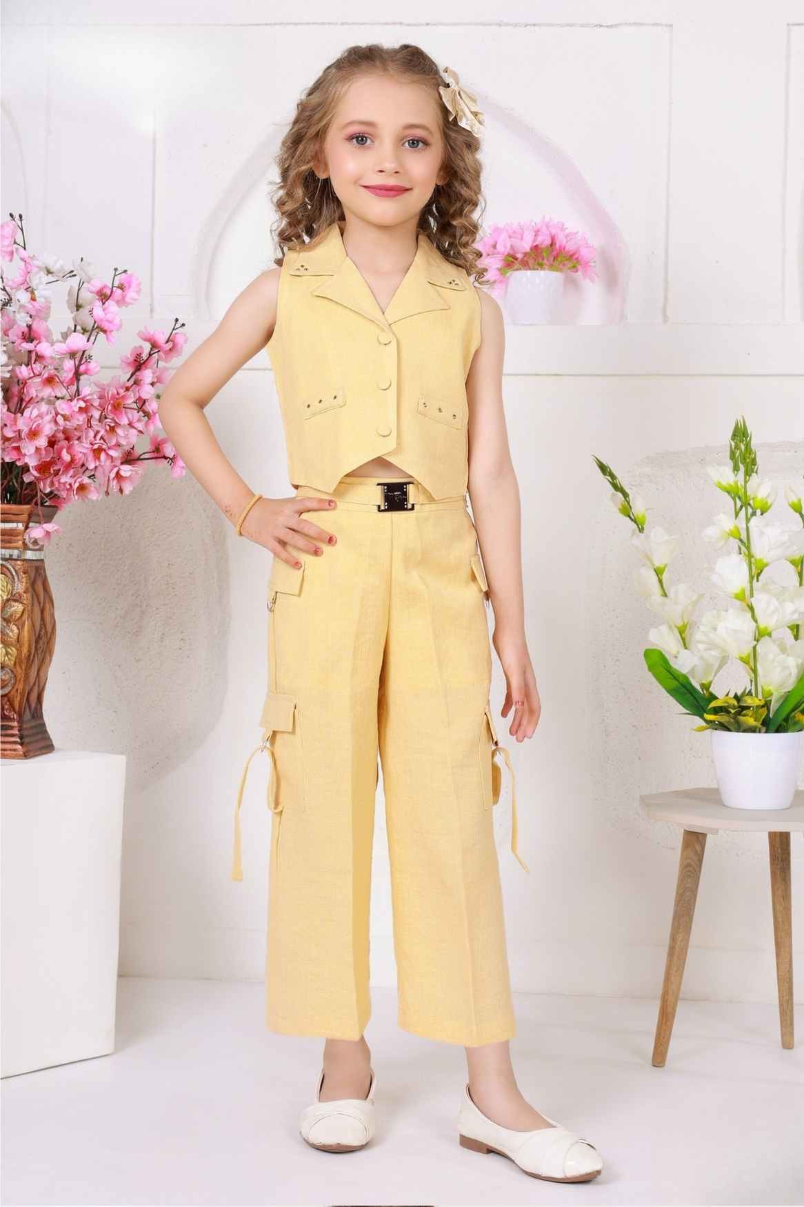 Trendy Lemon Yellow Sleeveless Jacket And Pant Co Ord Set For Girls
