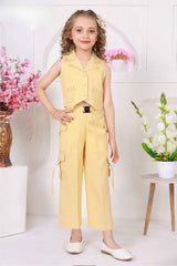 Trendy Lemon Yellow Sleeveless Jacket And Pant Co Ord Set For Girls