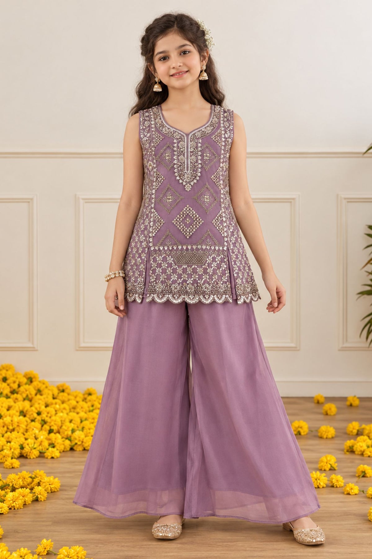 Lavender Sequin Embellished Palazzo Set with Dupatta For Girls