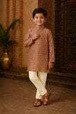 Boys Ethnic Rust Brown Crushed Tissue Embriodered Kurta Pajama Set