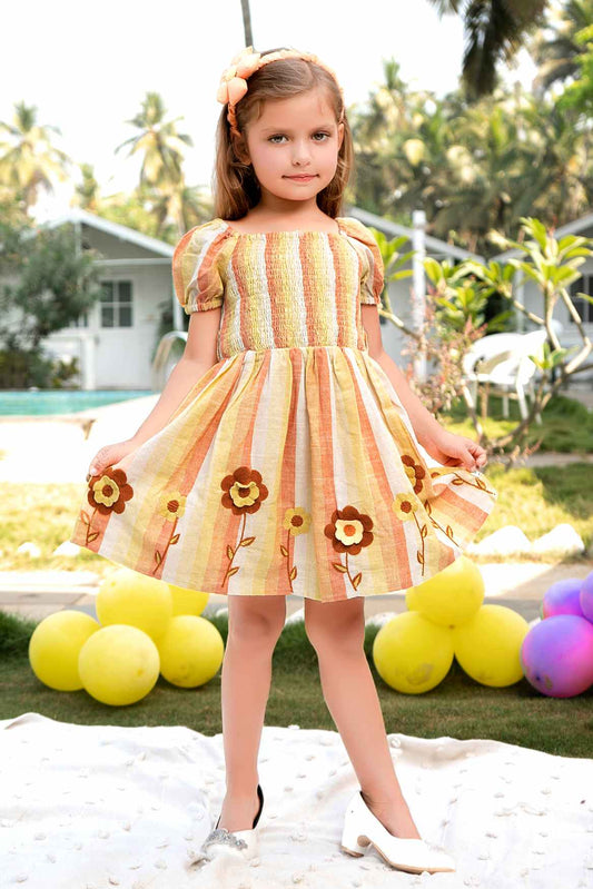 Mustard Smocked Frock With Floral Embroidered For Girls