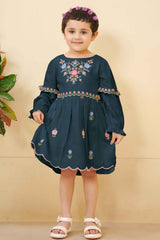 Stylish Teal Green Casual Frock With Embroidery For Girls