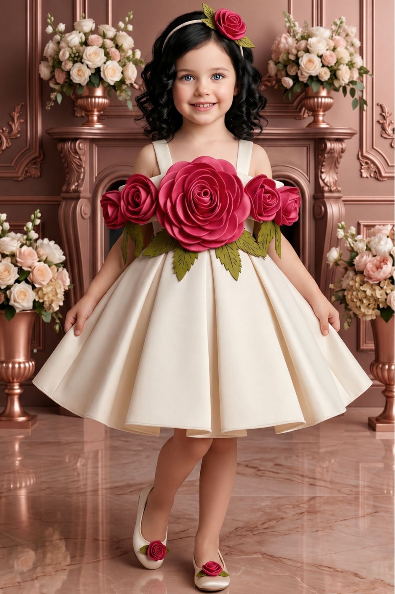 Girls Fawn 3D Floral Applique Party Wear Frock