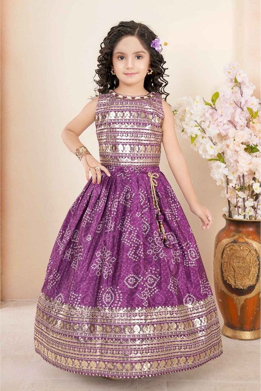 Purple Sequins Work With Zari Embroidery And Bandhani  Printed Lehenga Choli Set For Girls