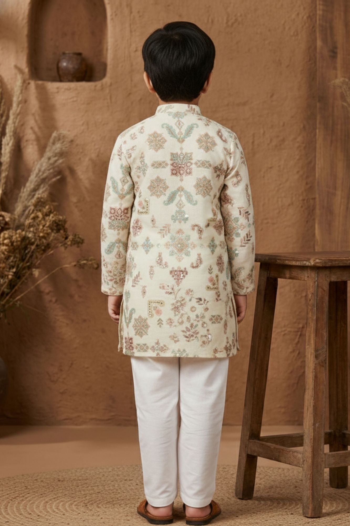 Ivory Embroidered Kurta Set With Pajama For Boys