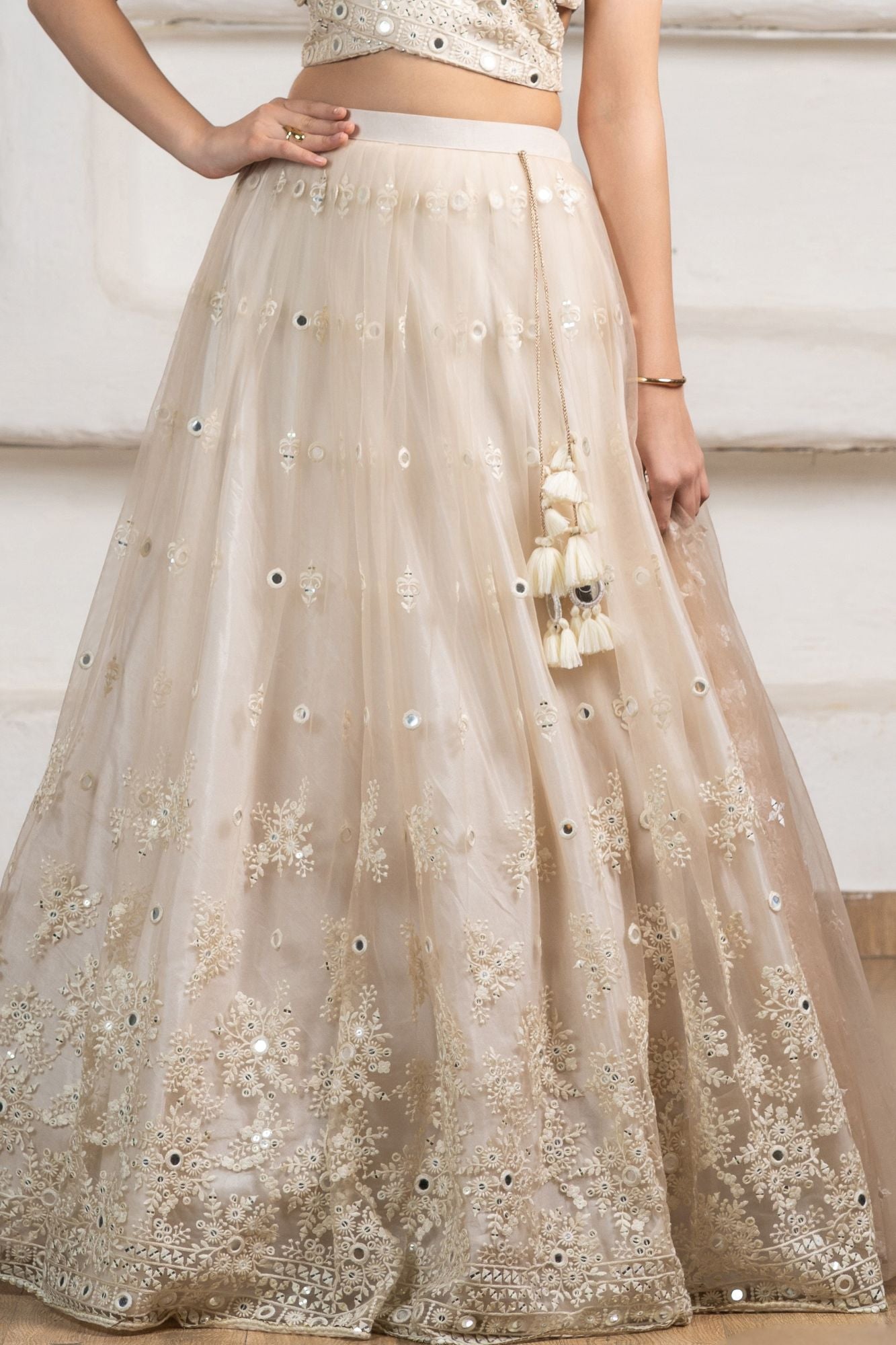 Elegant Cream Embroidered Lehenga Choli Set With Dupatta For Girls