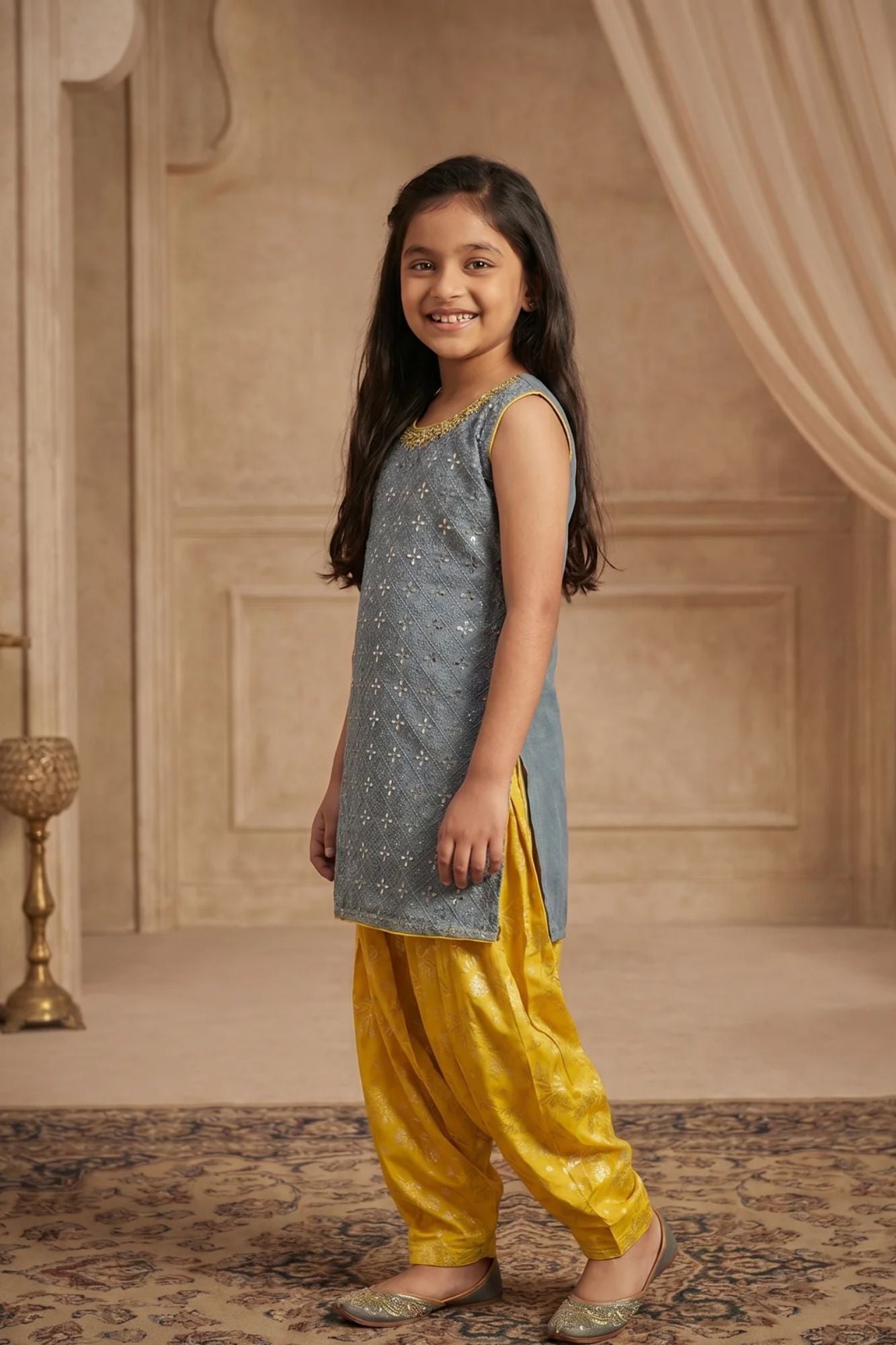 Grey And Yellow Seqiuns Embroidered Patiala Set with Dupatta For Girls