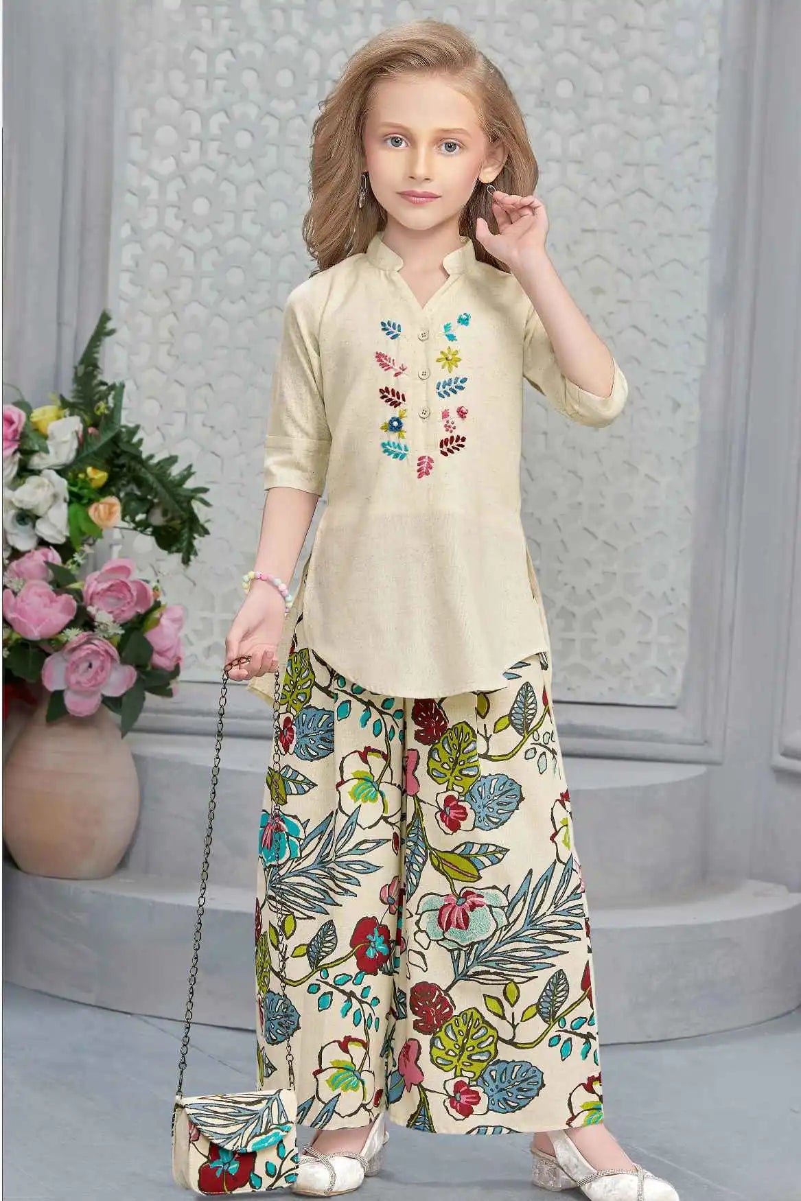 Cream Floral Printed Palazzo Set With Embroidered Kurta And Matching Bag For Girls