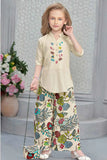 Cream Floral Printed Palazzo Set With Embroidered Kurta And Matching Bag For Girls