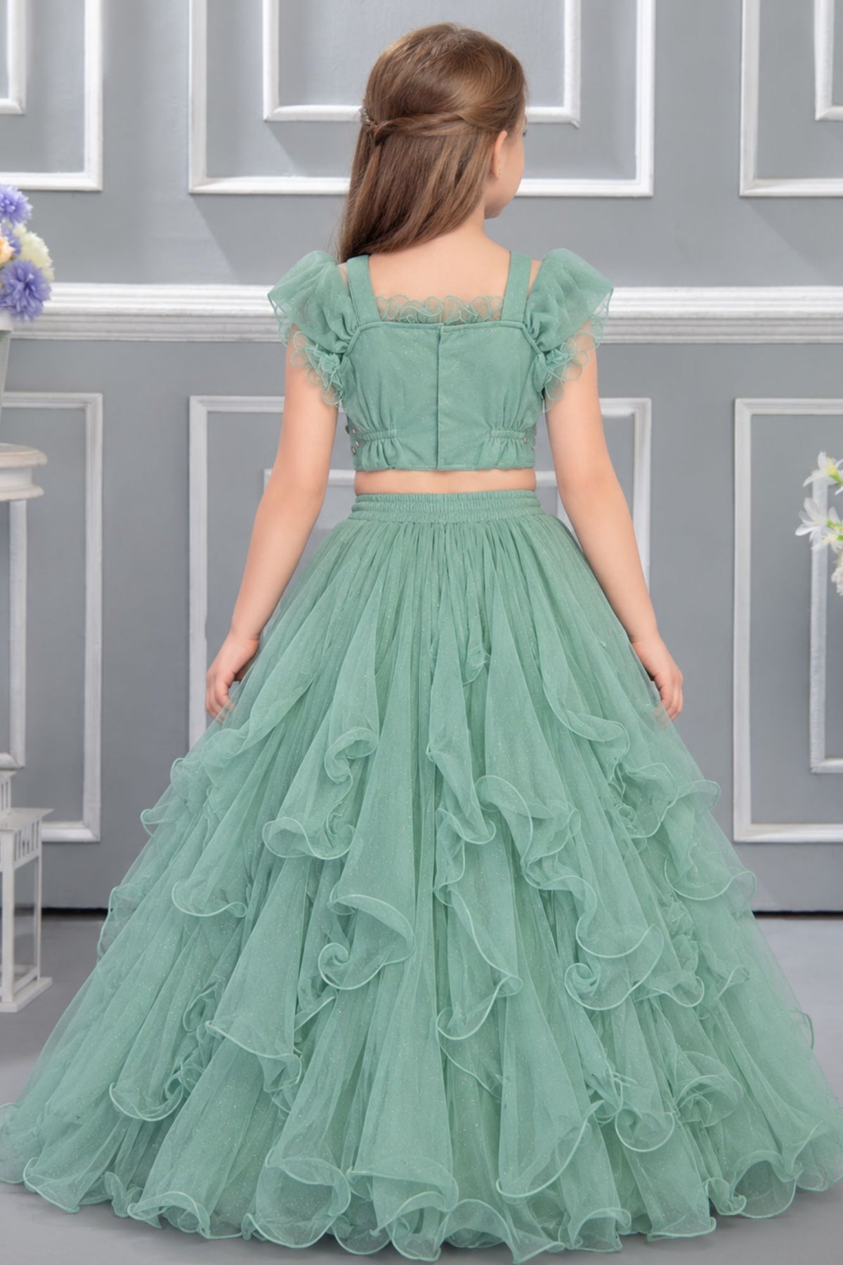 Aqua Blue Floral Ruffle Lehenga Choli For Girls