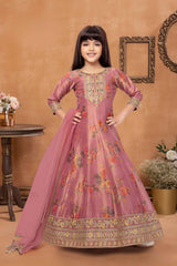 Pink Printed And Embroidered Gown For Girls