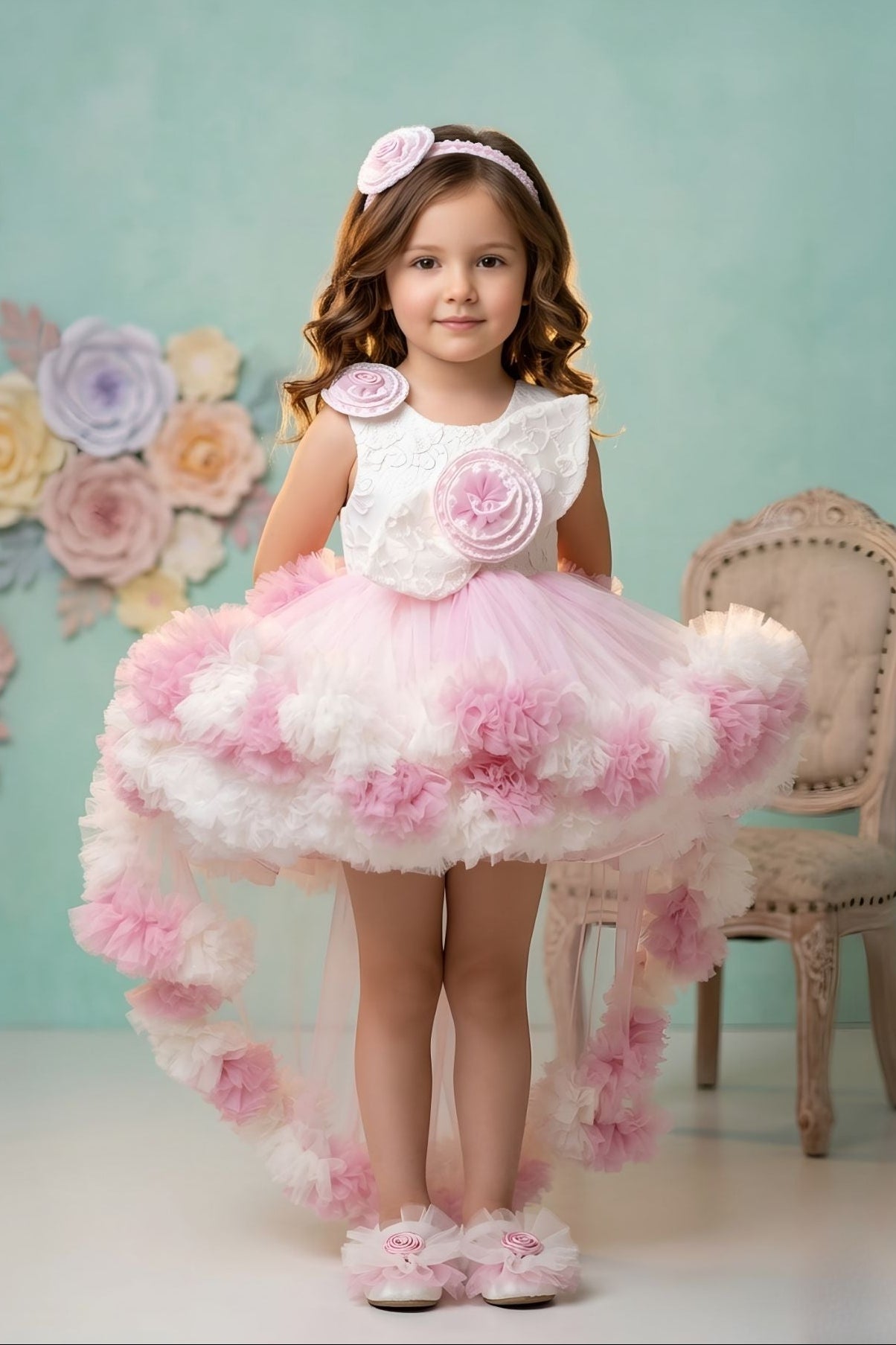 Girls White & Pink Ruffle High-Low Party Dress