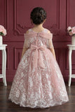 Peach Embroidered Off-Shoulder Princess Ball Gown For Girls
