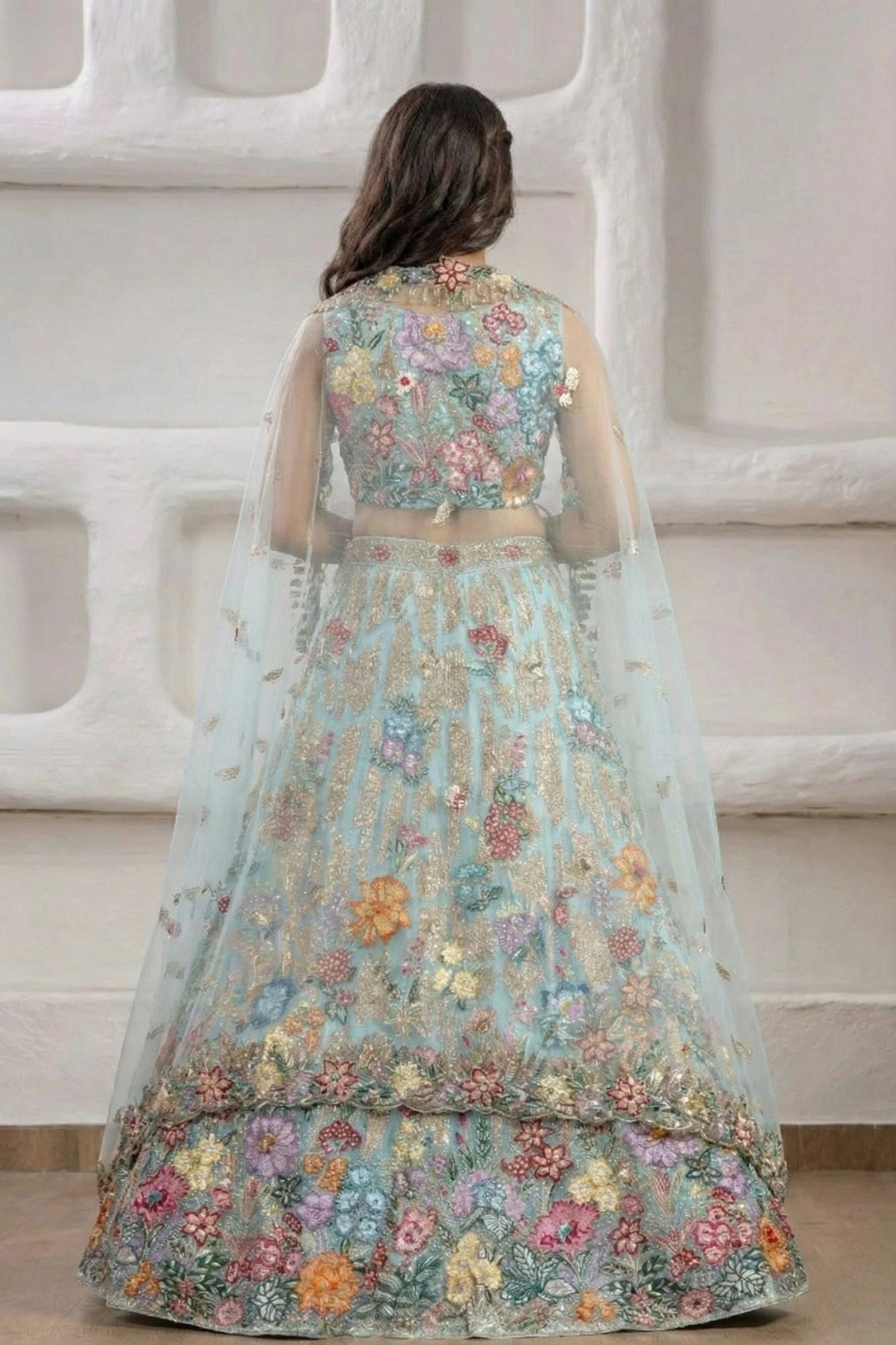 Aqua Blue 3D Floral Threadwork Lehenga Choli Set with Net Dupatta For Girls