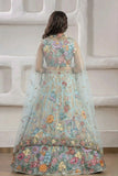 Aqua Blue 3D Floral Threadwork Lehenga Choli Set with Net Dupatta For Girls