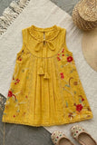 Girls Mustard Embroidered Dress with Tie-Up Neck