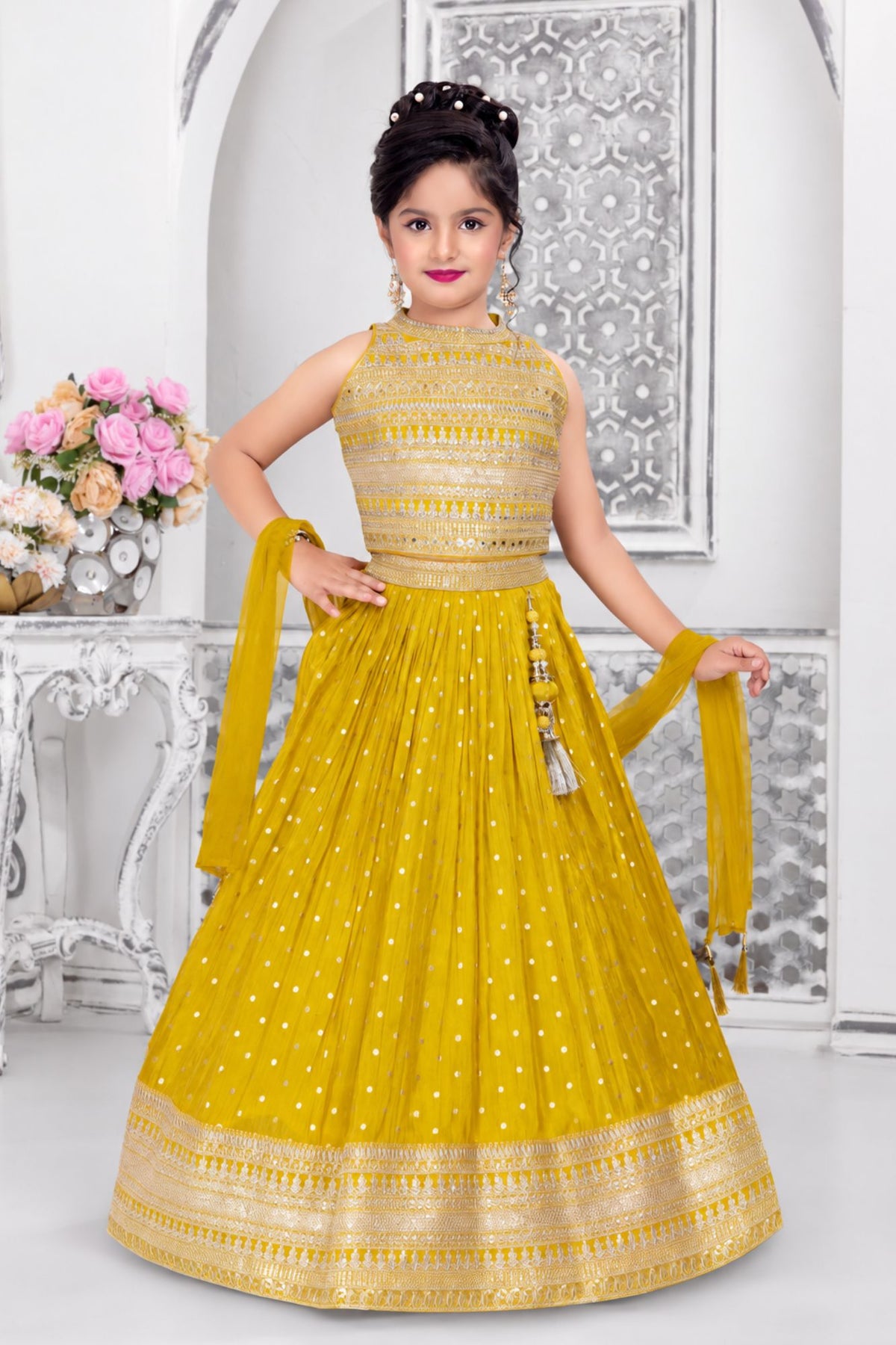 Girls Heavy Sequin Embroidered Mustard Yellow Lehenga Choli Set With Dupatta