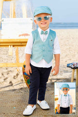 White Shirt And Pant Set With Overcoat And Bow For Boys