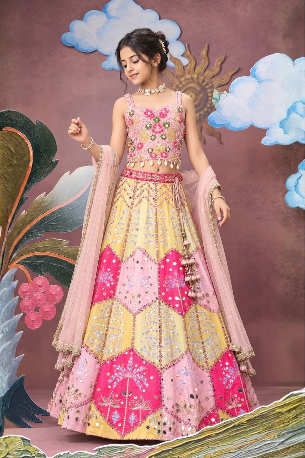 Girls Pink & Gold Floral Mirror Work Embellished Lehenga Choli Set