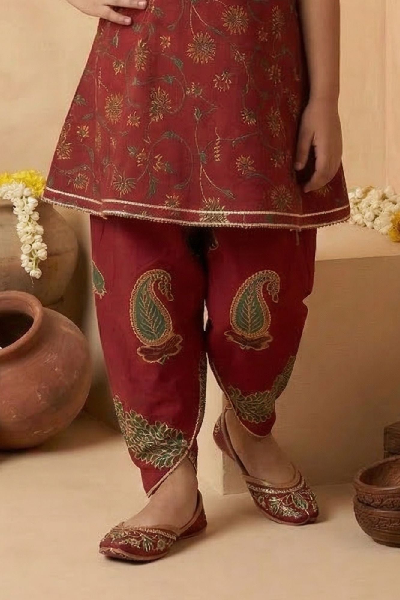 Girls Maroon Printed Kurti with Dhoti Pants Set