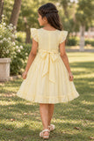Girls Pastel Yellow Tree Embroidered Ruffle Sleeve Flared Dress