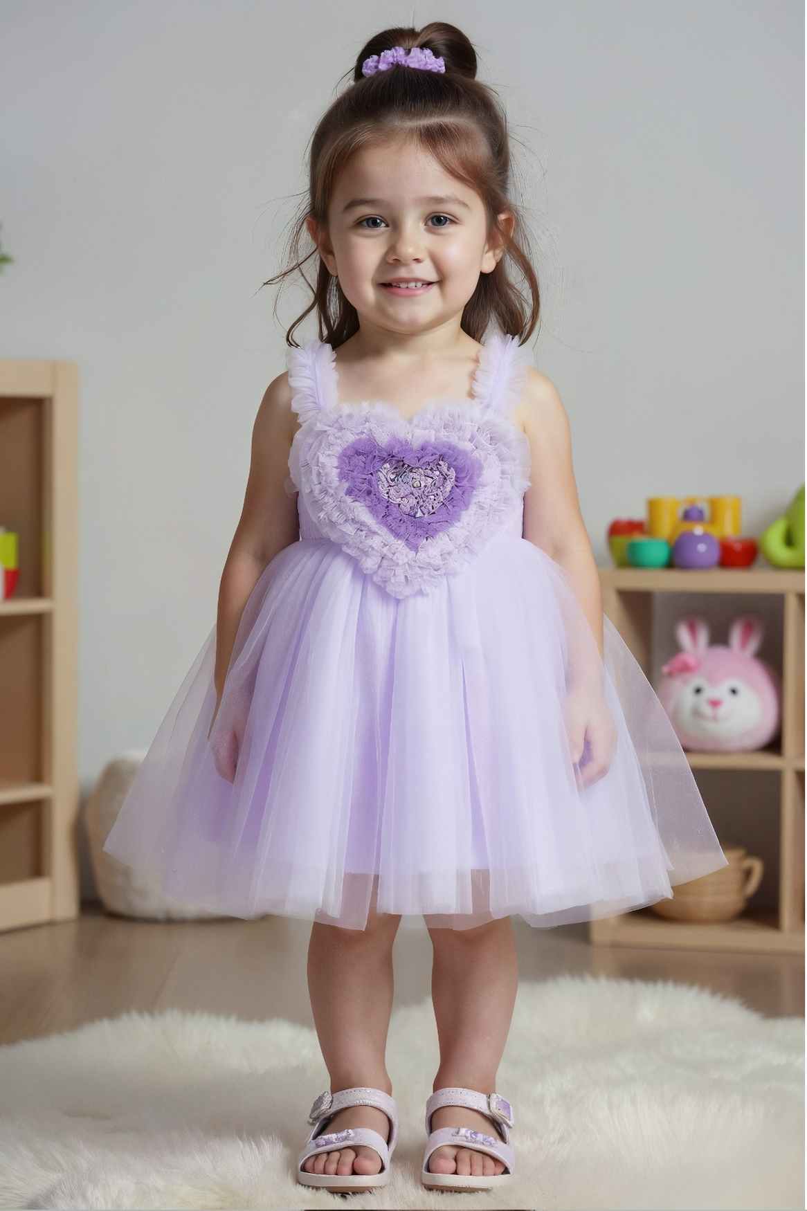 Stylish Lilac Frock With Ruffled Heart Embellished For Girls