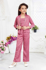 Onion Pink Casual Co Ord Set With Overcoat For Girls