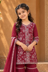 Dark Mauve Thread Embroidered Short Kurti with Sharara and Dupatta For Girls