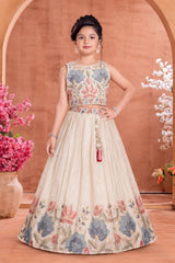 Girls Elegant Ivory Floral Embroidered Lehenga Choli Set
