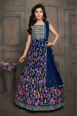 Blue Kashmiri Printed And Sequin Work With Zari Embroidery Gown For Girls