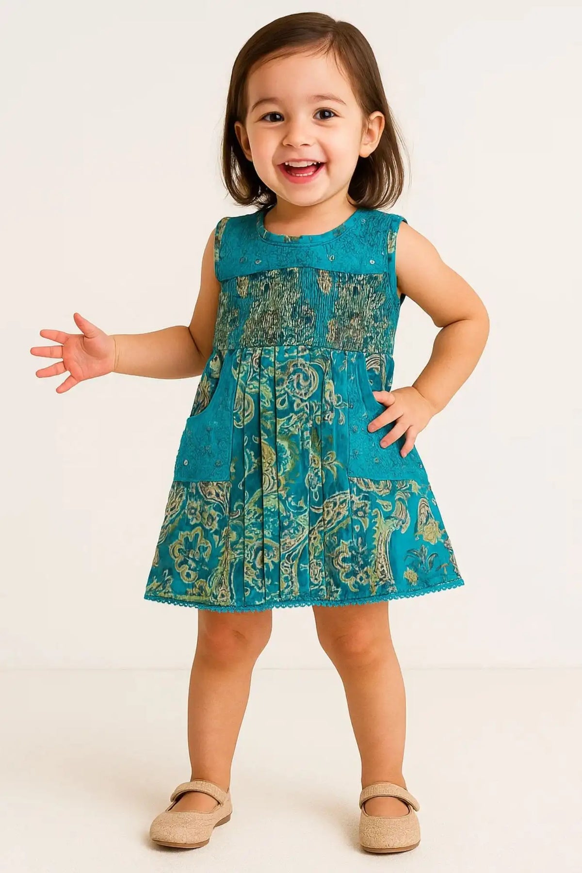 Blue Floral Print Sequin Embroidered Dress For Girls