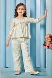Cream Co ord Set with Floral Embroidery and Peplum Top  For Girls