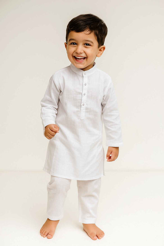 Classic White Cotton Kurta Pyjama Set For Boys