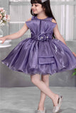 Lavender Party Frock With Floral Waist Detail And Bow Embellished For Girls