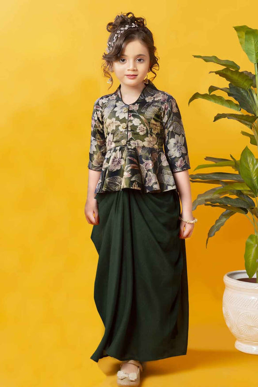 Green Printed Top With Dhoti Bottom Set For Girls