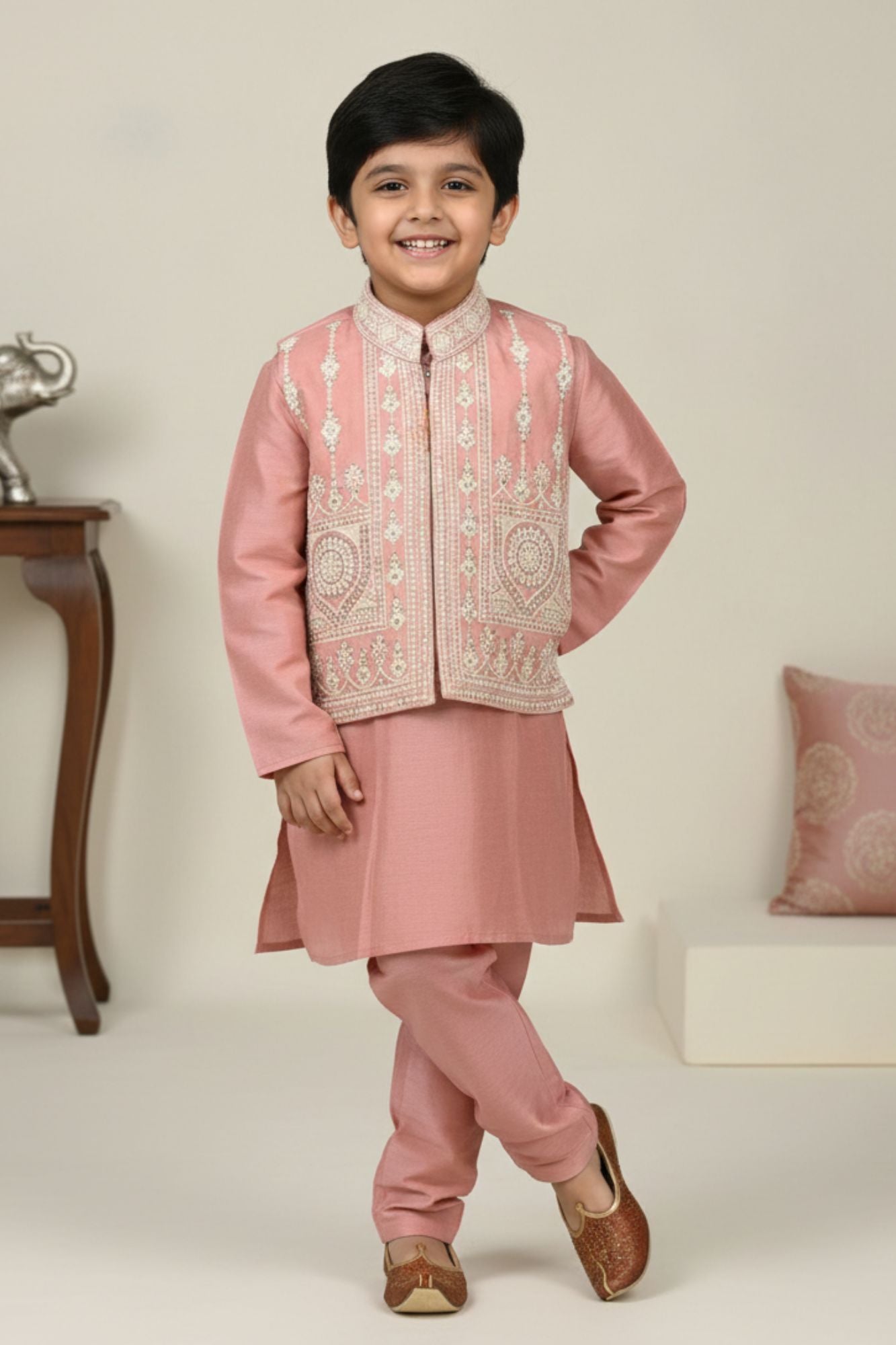 Peach Embroidered Kurta Pajama Set with Ethnic Nehru Jacket for Boys