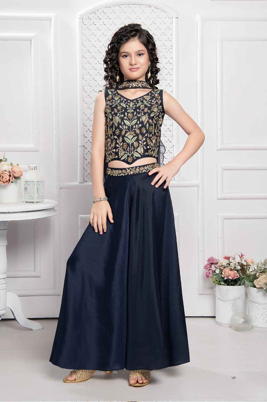 Navy Blue Embroidered And Sequin Palazzo Set For Girls