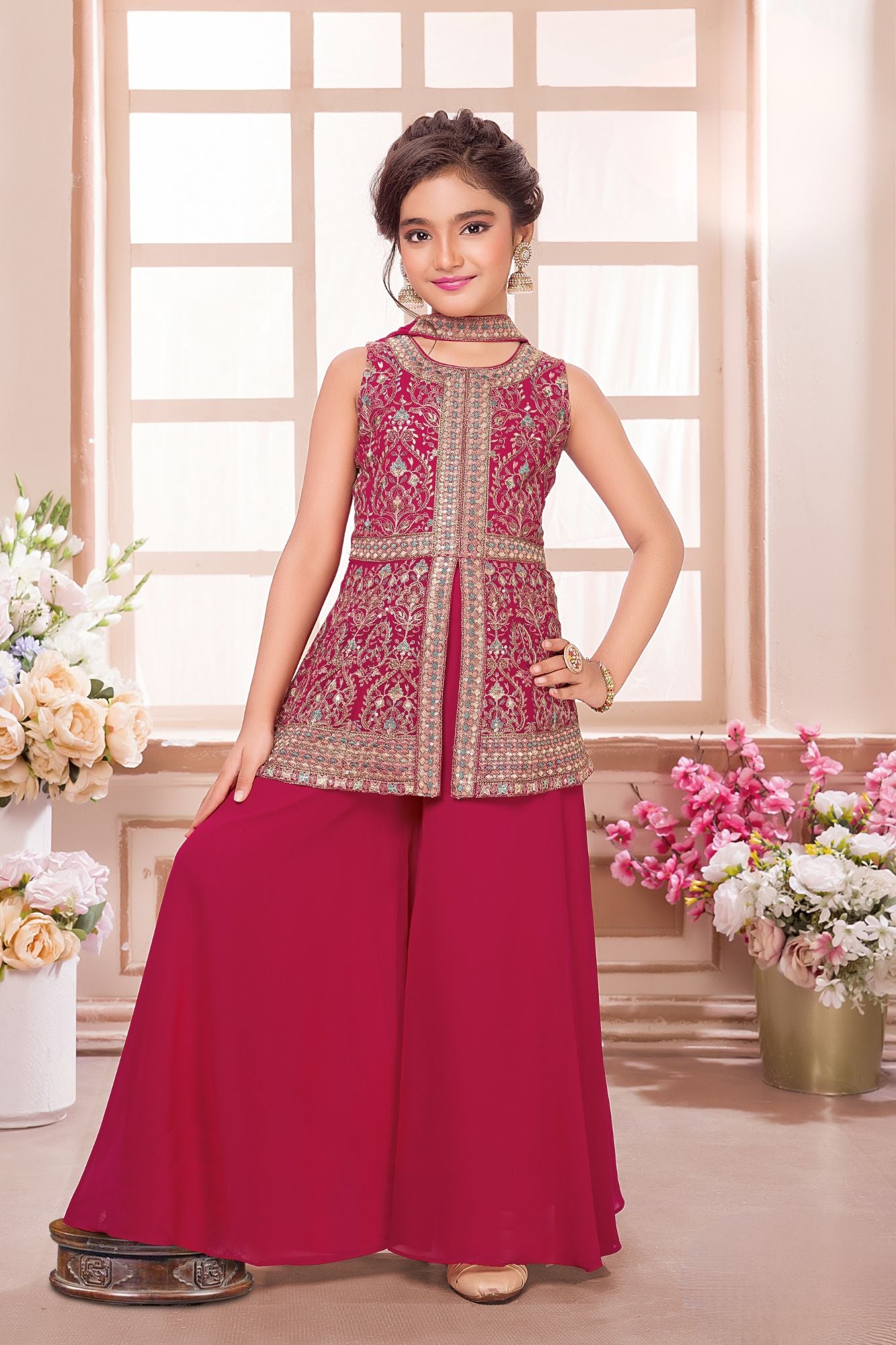 Rani Pink Embroidered Palazzo Set For Girls