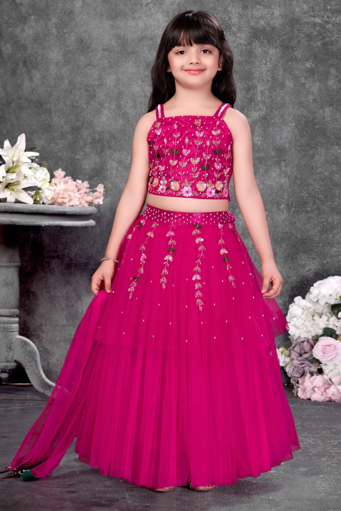Rani Pink Embroidered Lehenga Choli Set For Girls