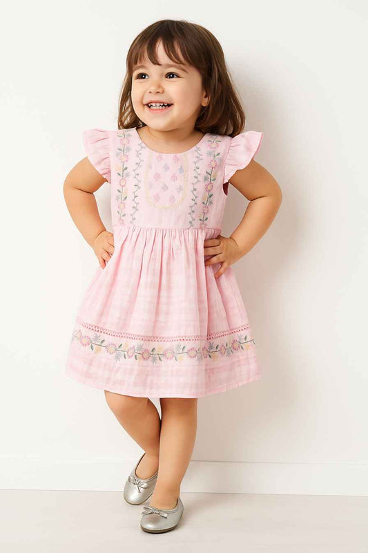 Soft Pink Embroidered Cotton Frock For Girls