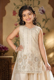 Girls Cream Palazzo Set with Floral Embroidered Kurti And Dupatta