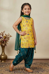 Yellow Kurti With Green Patiala Suit Set For Girls