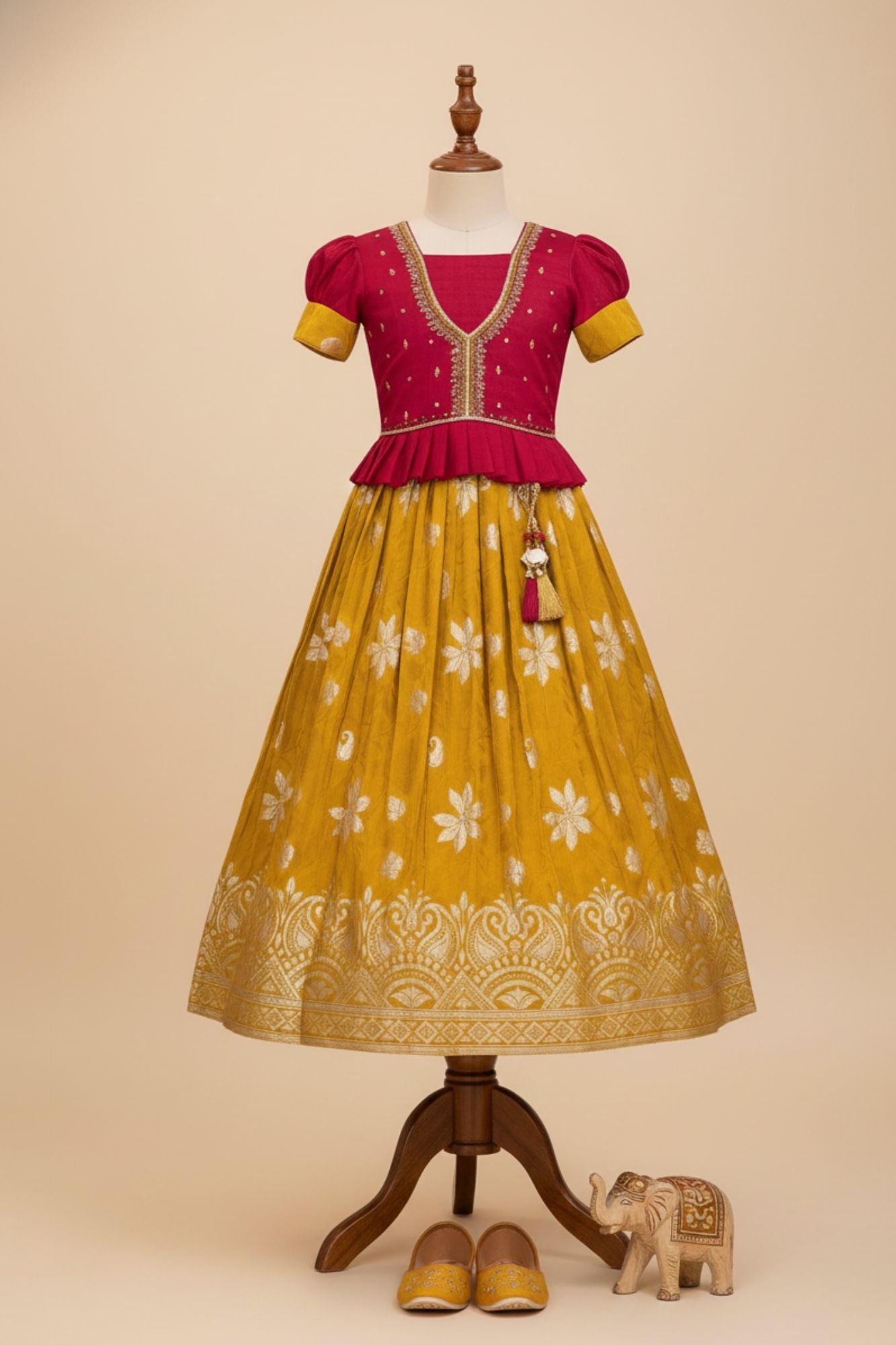 Rani Pink & Mustard Silk Pattu Pavadai Set with Zari Work For Girls