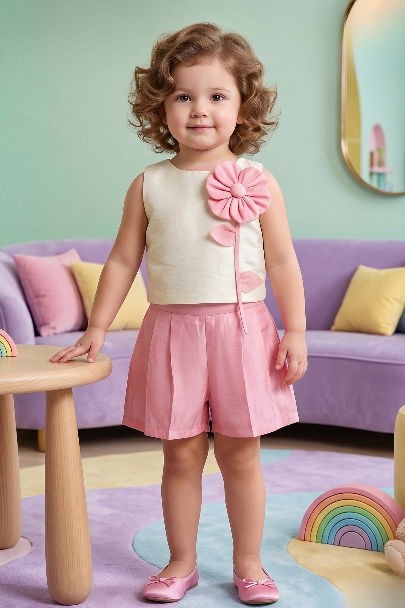 Girls Cream and Pink Floral Applique Top with Shorts Co Ord Set