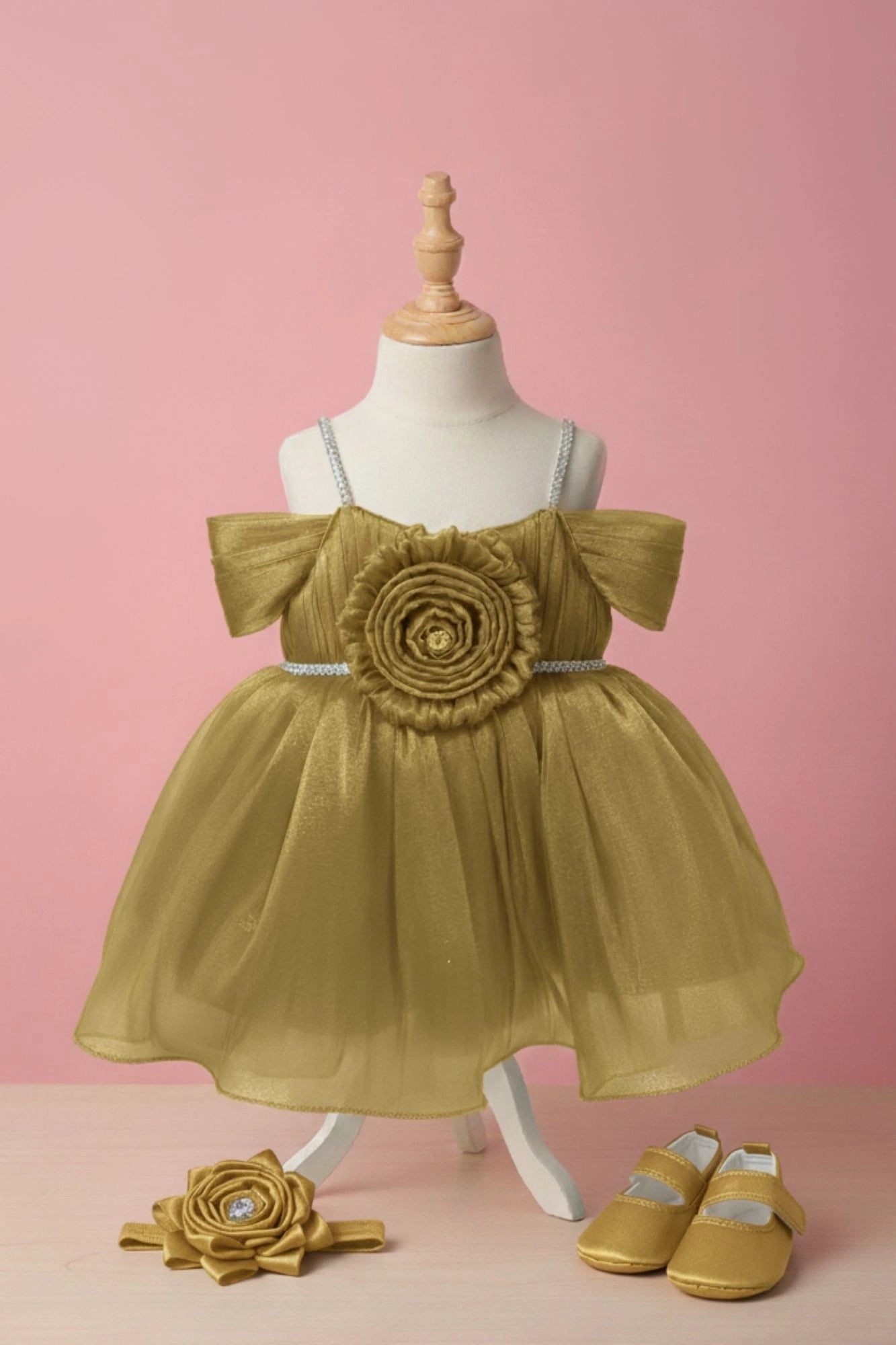 Gold Party Frock with Pleated Flower Appliqué and Shimmer Finish For Girls