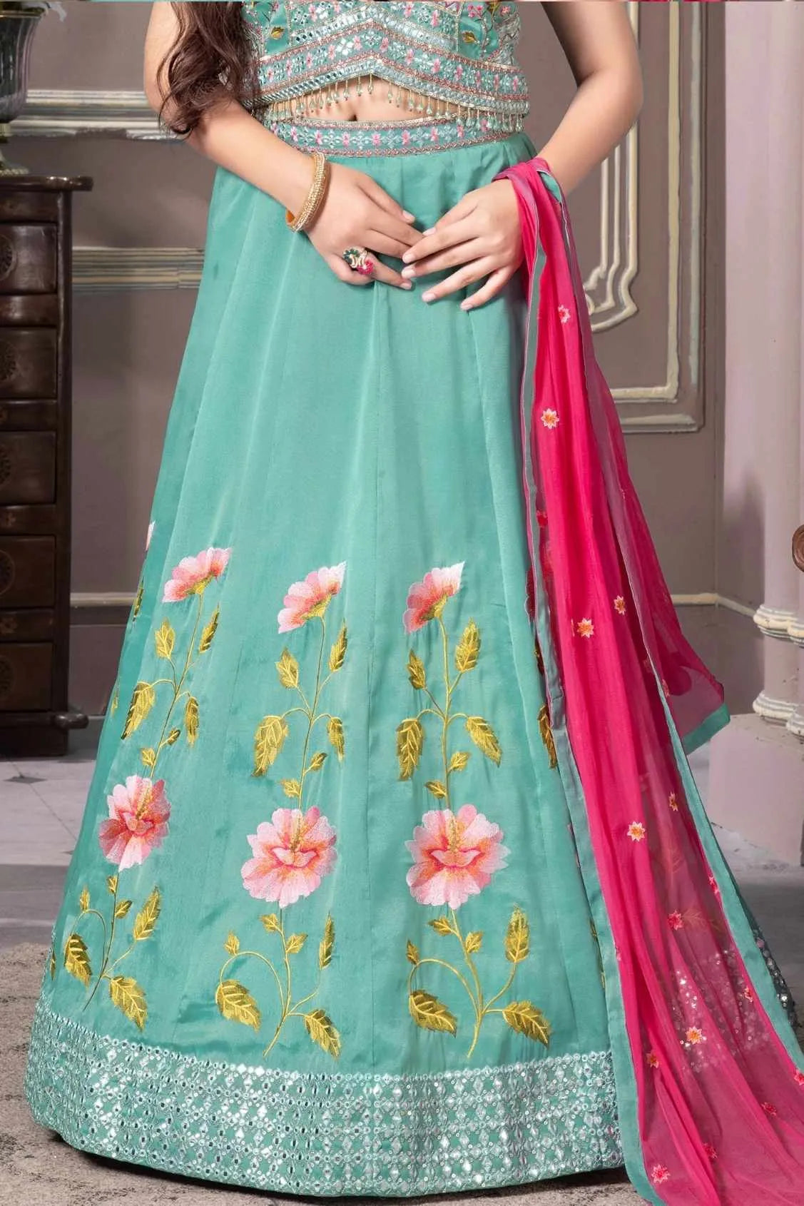 Pista Floral Embroidered Lehenga Choli Set With Dupatta for Girls