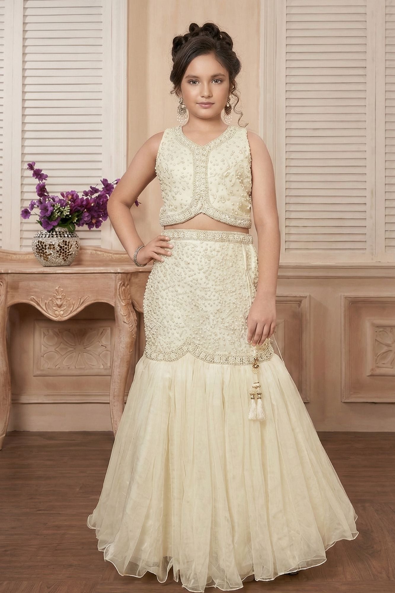 Cream Pearl Embellished  Lehenga Choli For Girls
