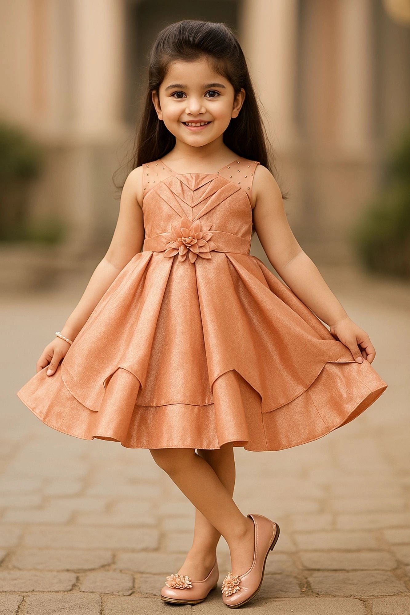 Copper Shimmer Embellished Party Wear Frock with Layered Skirt For Girls