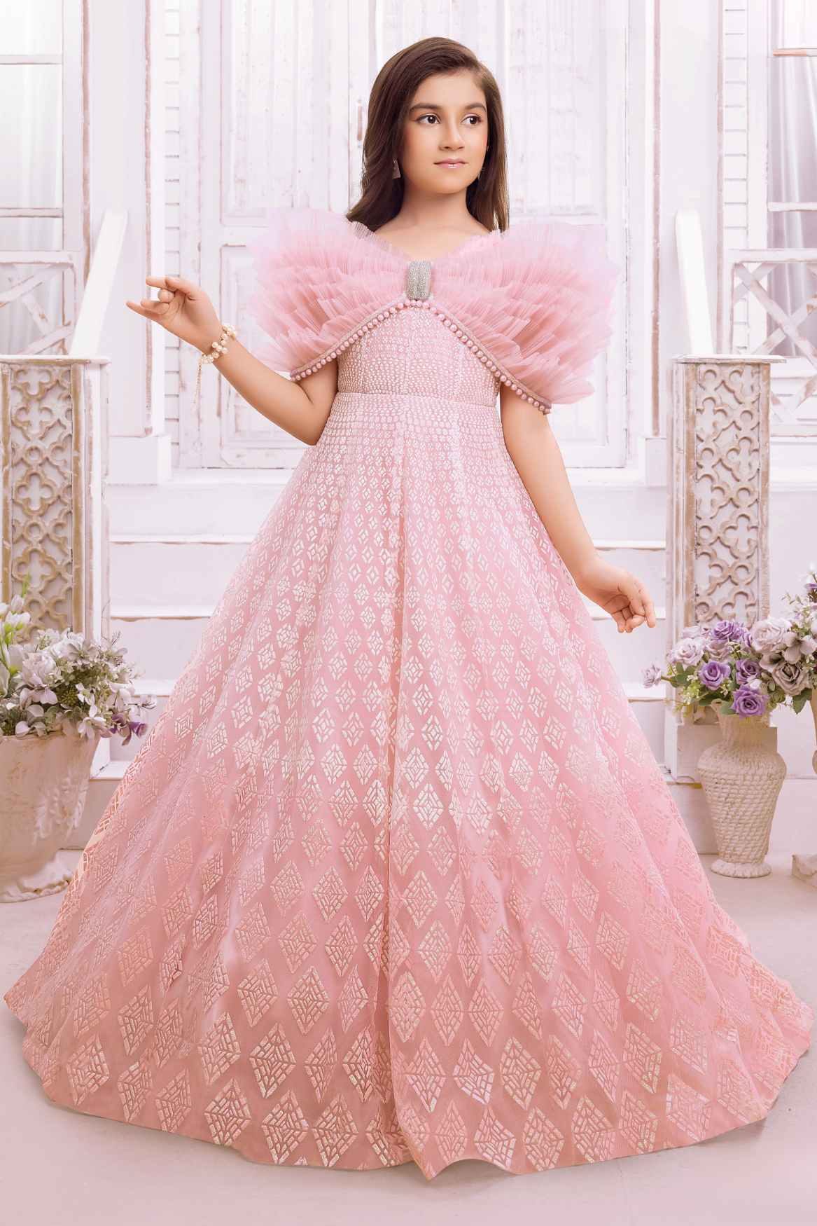 Designer Peach Shimmer Printed Party Wear Gown With Pearl Work For Girls